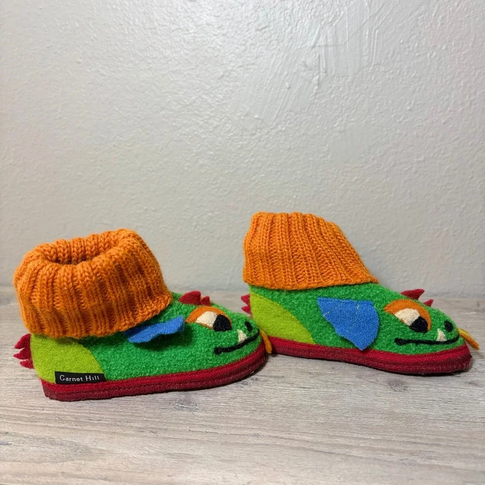 Garnet Hill Kids Dragon Wool Slippers Green Orange Knit Cuff Size US 6